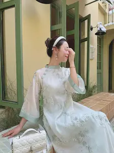 Light Green Ao Dai Vietnamese Chiffon Dress Lightweight Traditional Formal Clothes for Women Casual & Formal Events