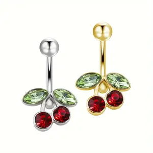 1pc Stainless Steel Chinese Cherry Navel Ring, 18K Golden Plated with Rhinestone Accents, April Birthstone, Cute Rural Style Belly Button Stud for Women, Daily Wear Umbilical Body Piercing Jewelry, Golden & Silvery Options