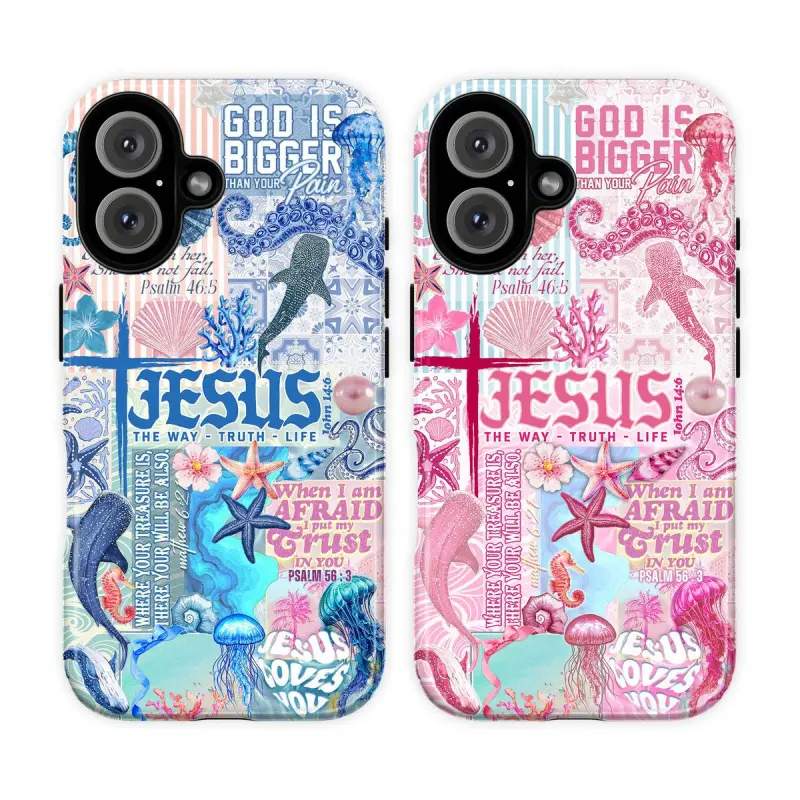 Aesthetic Coastal Christian Marine Art Phone Case - Polycarbonate Durable Rubber Cover, Inner Liner, Wireless Protection, "Jesus Loves You" Scripture Collage, Shell Accessories, Multi-Model for iPhone 7-16, Samsung Galaxy S21-S24, Inspirational Gift, Smar