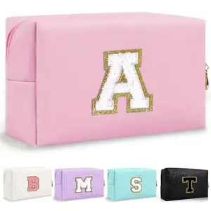 AZMT/Women Octagonal Makeup Bag PU Letters Makeup Bag, Portable Chenille Letter Cosmetic Bag With Zipper, Initial Letter Patch PU Leather Travel Toiletry Bag Monogram Make Up Pouch  For Fall Home Decor.Initial Letter Patch Makeup Bag Vanity Purse,summervi