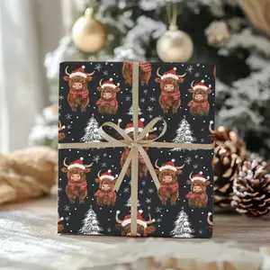 Christmas Highland Cow Gift Wrapping Paper, Cute Festive Cows with Santa Hats Gift Wrap for Friend