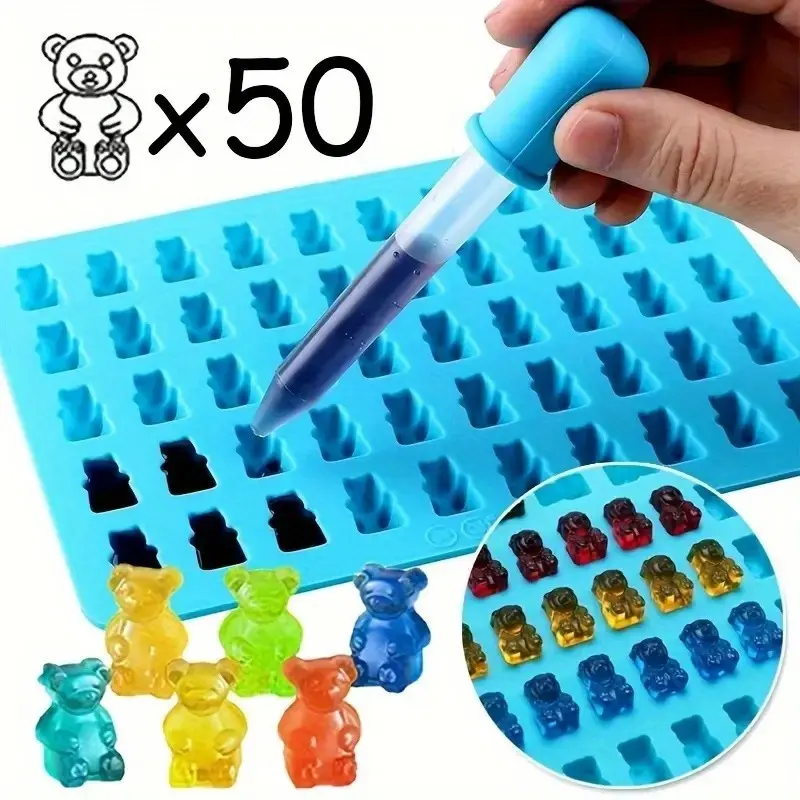 1 Pc 50 Hole Cartoon, Cute mini Bear Silicone Molds with a dropper set, Gummy Molds, Gummies Mold, Silicone Chocolate Mold, Wax Mold, Sugar Candy Bear Mould with Drops for Christmas Party