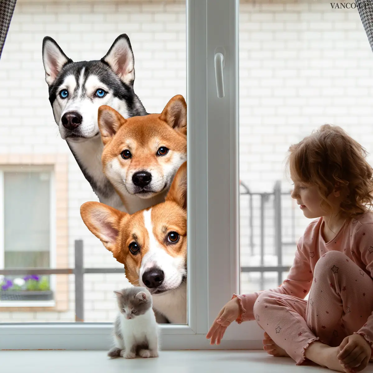 A set of fun peeking puppy stacking static window stickers (30*60cm), home decorative decals featuring Huskies, Shiba Inus and Corgis