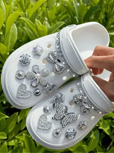 18 Piece Garden Shoe Decorations Set, Silver Color Pearl Flower Chain, Bow, Star, Heart, Rhinestone Ginkgo Leaf, DIY Shoe Accessories
