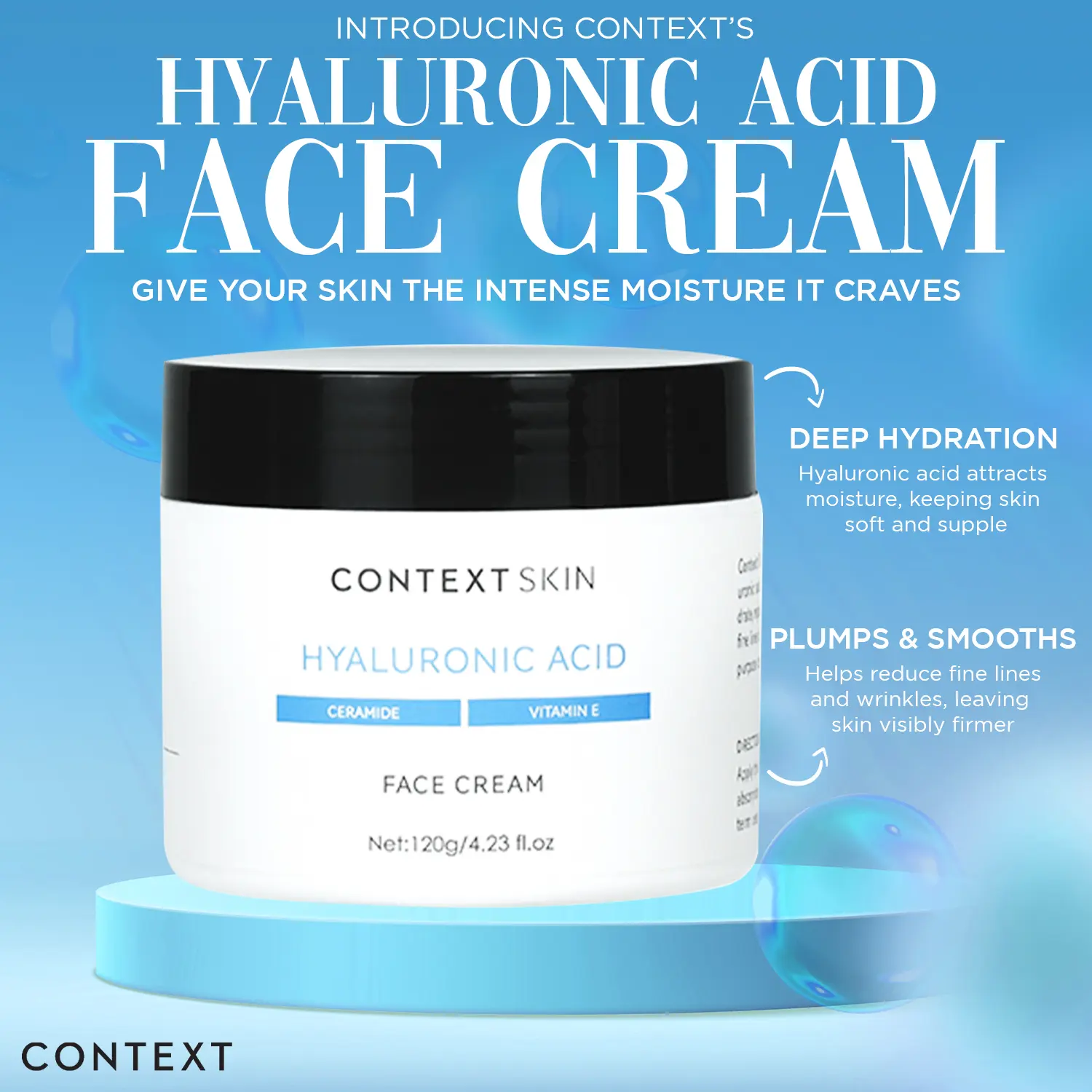 Context Skin 3 in 1 Hyaluronic Acid, B5 & Ceramide Face Cream - 50g Moisturizer for Anti-Acne Treatment & Skin Repair with Sodium Hyaluronate & Ceramide