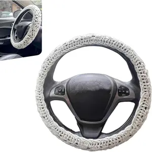 Hand Crochet Car Steering Wheel Cover, 14-15 inch Elastic Non-Slip Steer Wheels Protection Wrap, Cute Boho Car Steering Wheel Cover Decor, Universal for Most Cars (White)