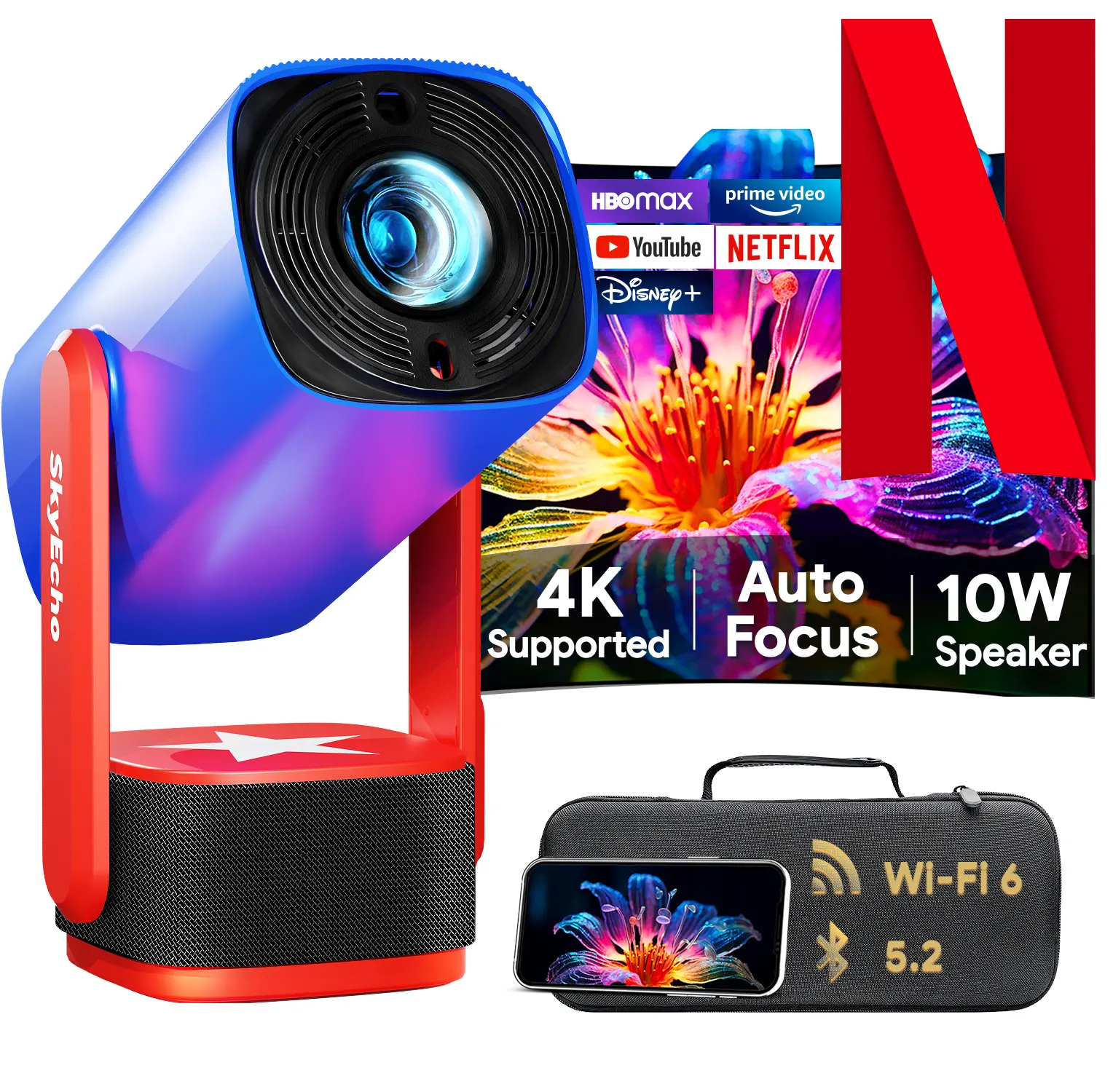 SkyEcho Free ONE Portable Gimbal Projector. 270° Rotating Universal Motion Mount. Auto Focus & Keystone Correction. 4K Hardware Decoding. WiFi 6. Android OS. Bluetooth 5.2. Wireless Screen Mirroring & Casting. Audio.Projectors