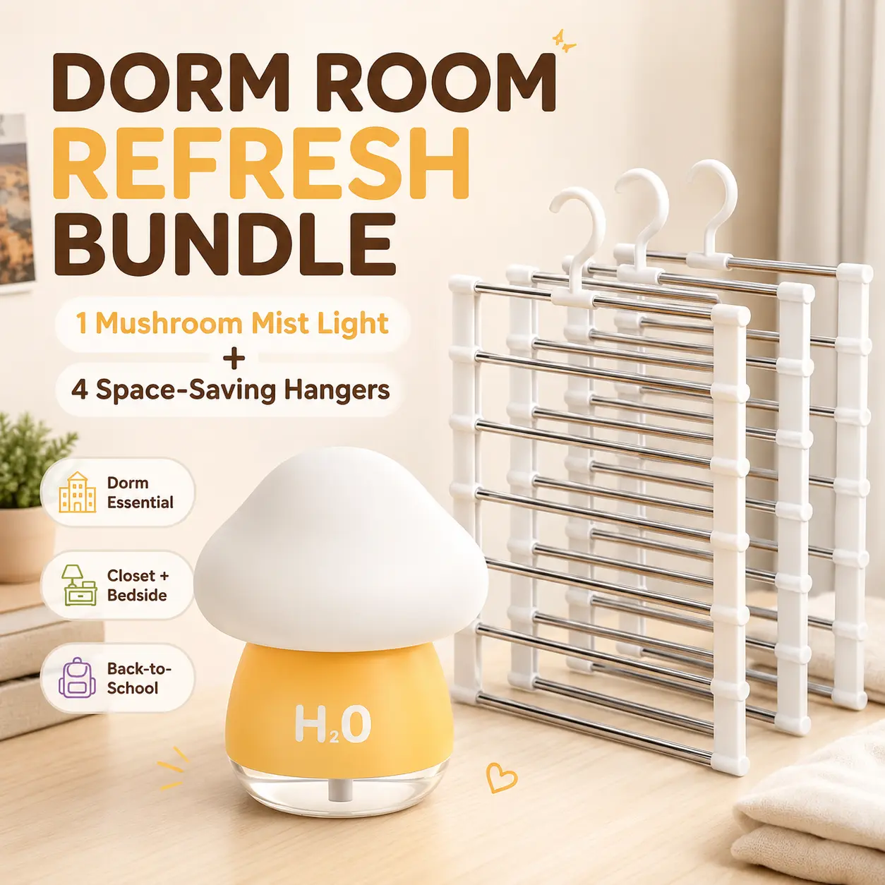 5-Piece Small-Space Home Organization Bundle - 4-Pack 8-Bar Pants Hangers, Yellow Mushroom Humidifier Night Light, Closet Organizer & Bedroom Desk Accessory Set