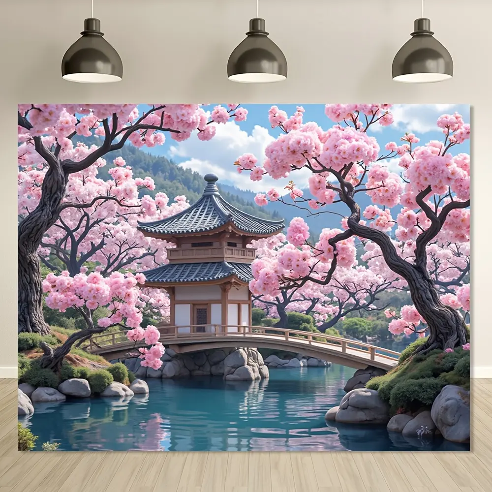 [Japanese Cherry Blossom Banner] Vibrant Japanese Cherry Blossom & Traditional House Wall Banner |       Blooming Sakura Trees, Pagoda, Bridge - Durable Polyester Fabric for Home & Party Decor (39X59in, 51X59in, 70.8X90.5in), Kawaii Room Decor - 1pc