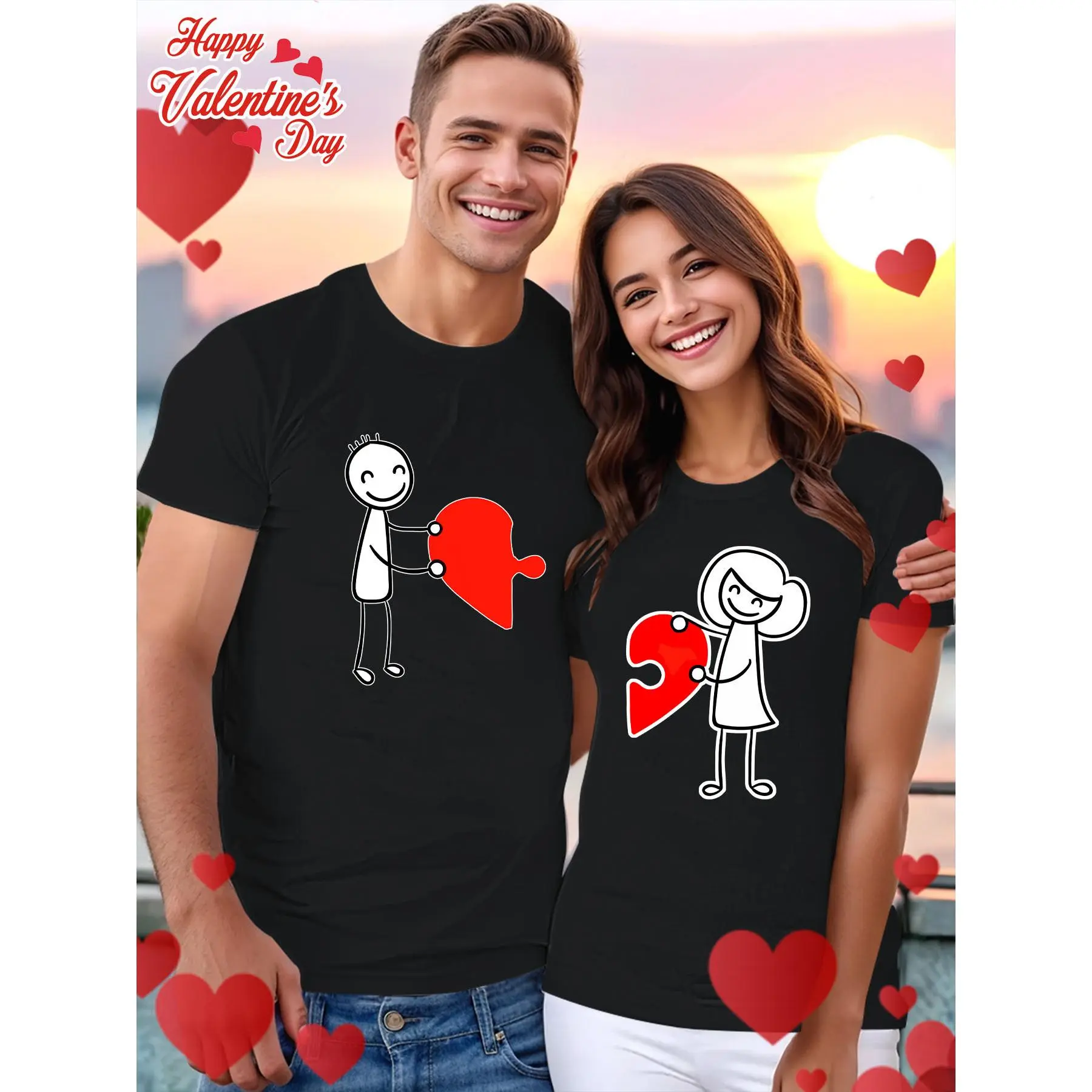 Women's Chic Couple's Matching Cartoon Heart Puzzle Print Loose