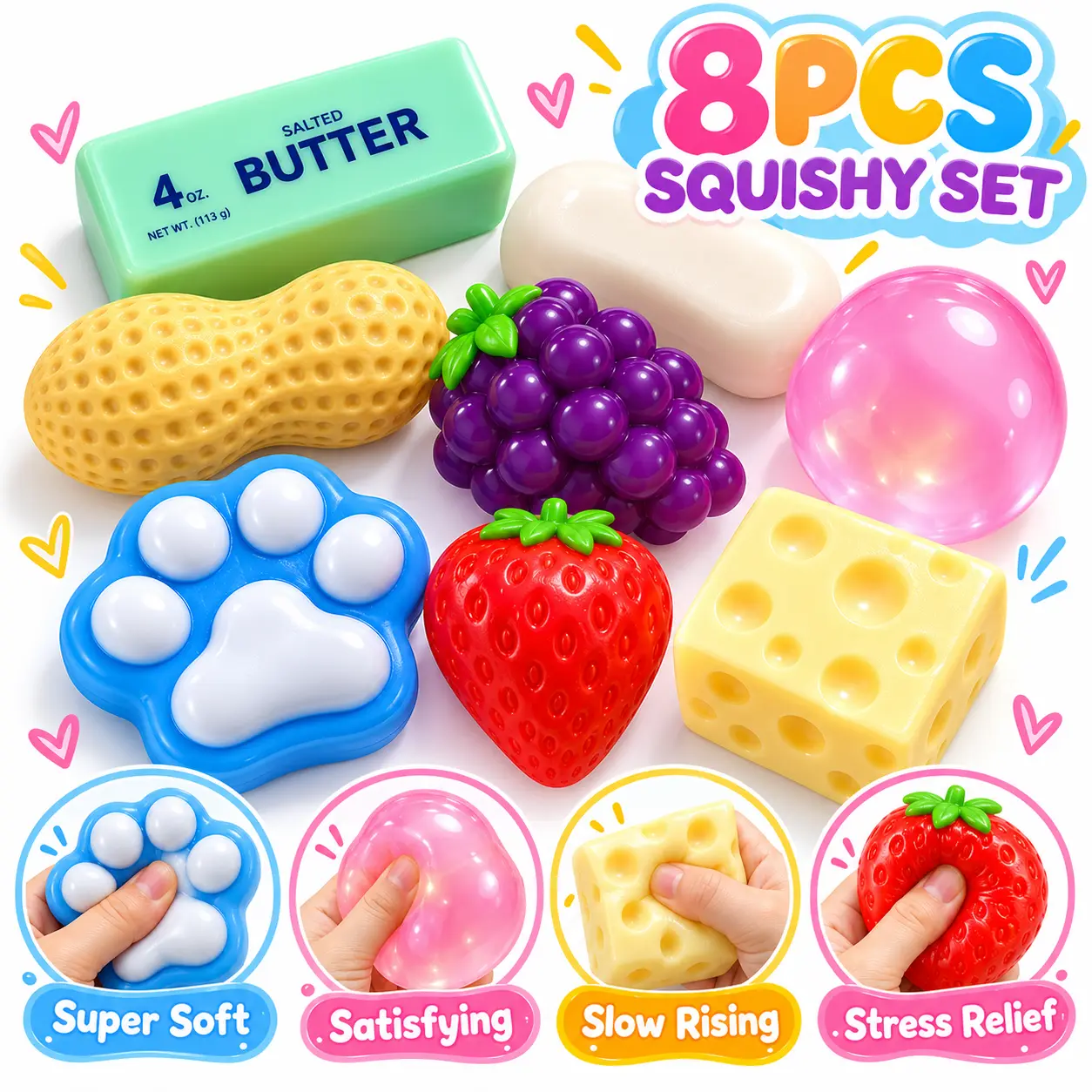 8 Pcs Squishy Toys Set, Soft Slow Rising Squeeze Fidget Pack with Cheese Strawberry Grape & Butter for Sensory Tactile Desk Play