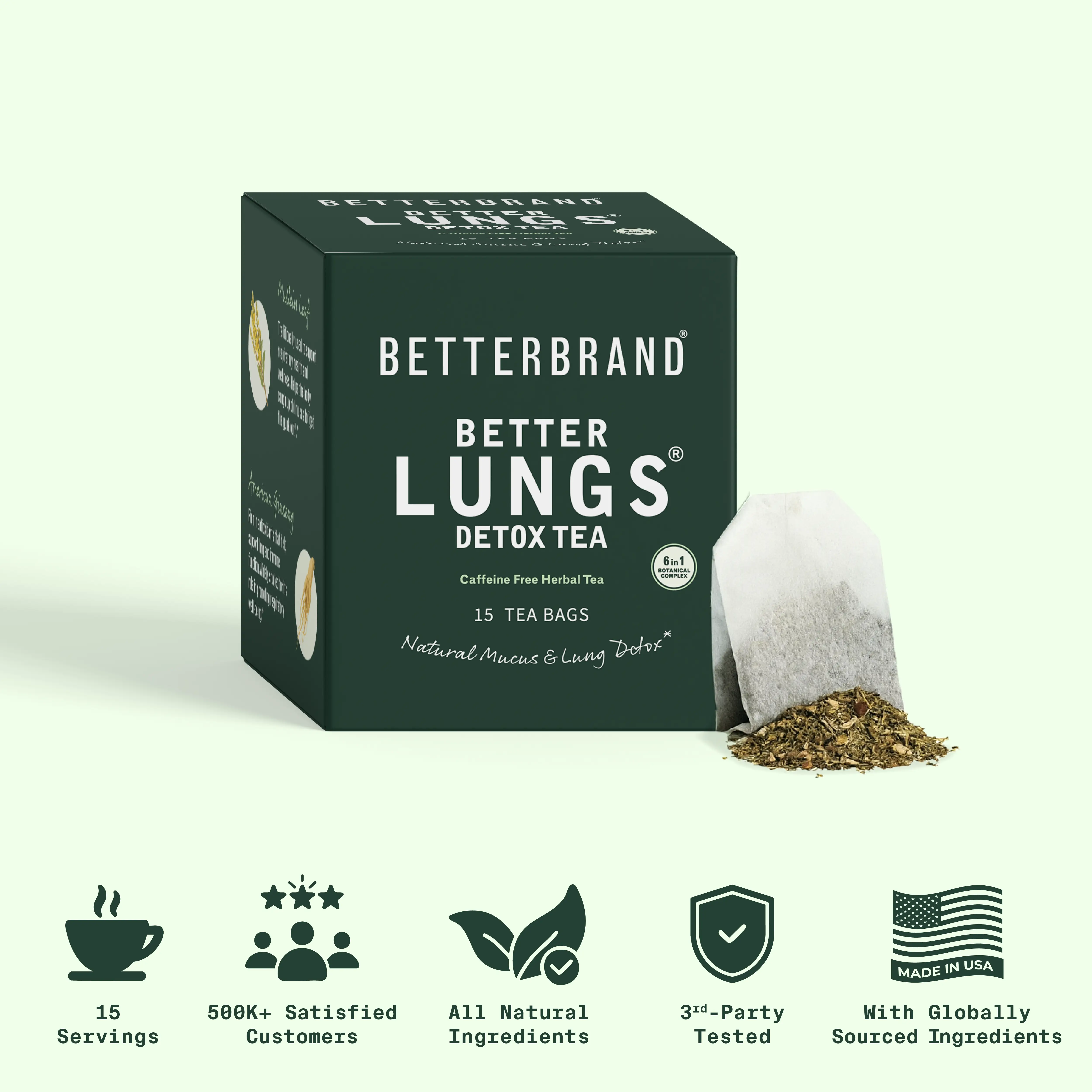 BetterLungs Lung Detox Tea Bags - Mullein Leaf, Ginseng, Elderberry, Ginger & Thyme for Lung Cleanse & Mucus Detox - 15 Tea Bags for Healthy Natural R