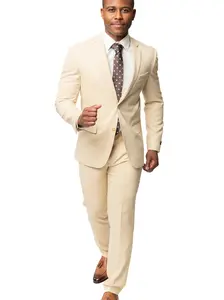 Slim Fit Tan Beige Micro Textured Weave Men's Suit 2 Button Notch Lapel Flat Front Pants AZARMAN