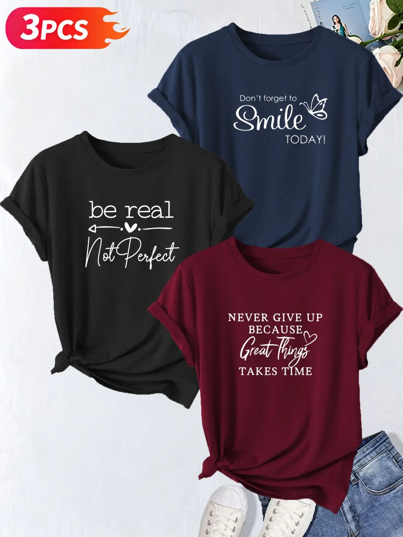 3-Pack Inspirational Letter Print Short Sleeve T-Shirts, Women's Round Neck Tops, All-Season Soft Fabric, Casual Tee