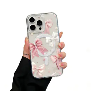Cartoon Bow Pattern Phone Case Acrylic Transparent Magnetic Soft Case for iPhone 17 Pro Max 16 15 14 13 12 11 Samsung Anti-Drop Lightweight Durable Supports Wireless Charging