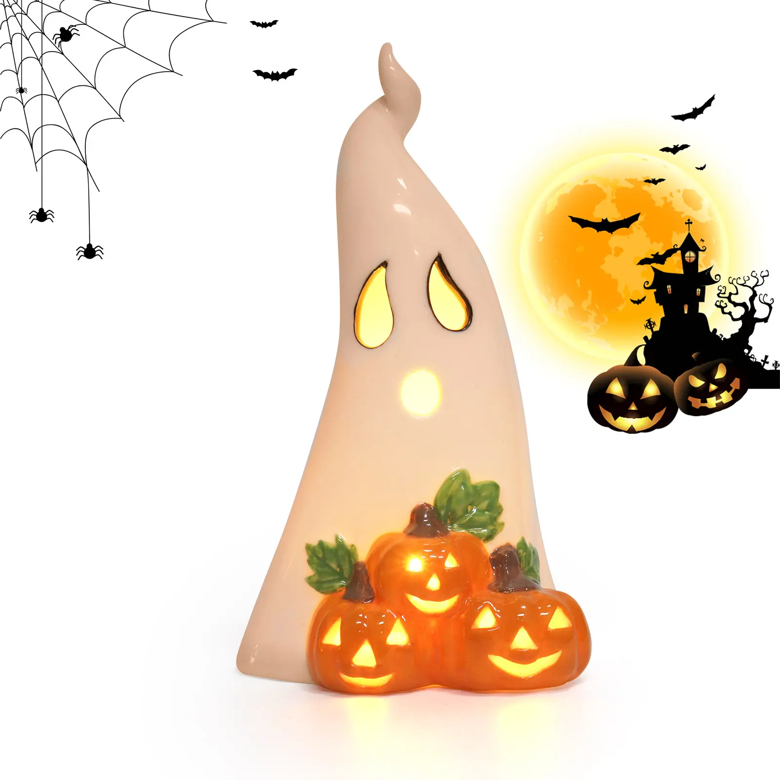 7.4 inches (19cm) Decorative Durable 3D Vintage Spooky Cute Ghost Pumpkin Ceramic Ornament Figurines, Wall-Mountable Indoor Halloween Aesthetic Home Decor, Festive Party Supply