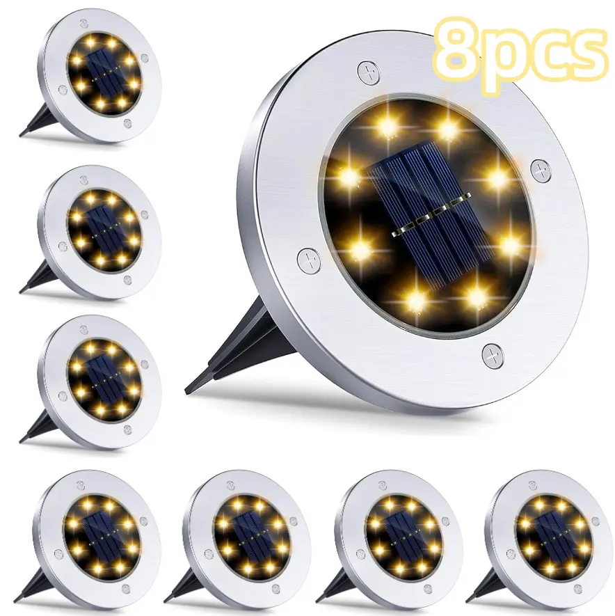 Solar Ground Light, 8Pcs Outdoor Waterproof LED Pathway Light, In-Ground Lights for Yard, Lawn, Driveway, White, Warm