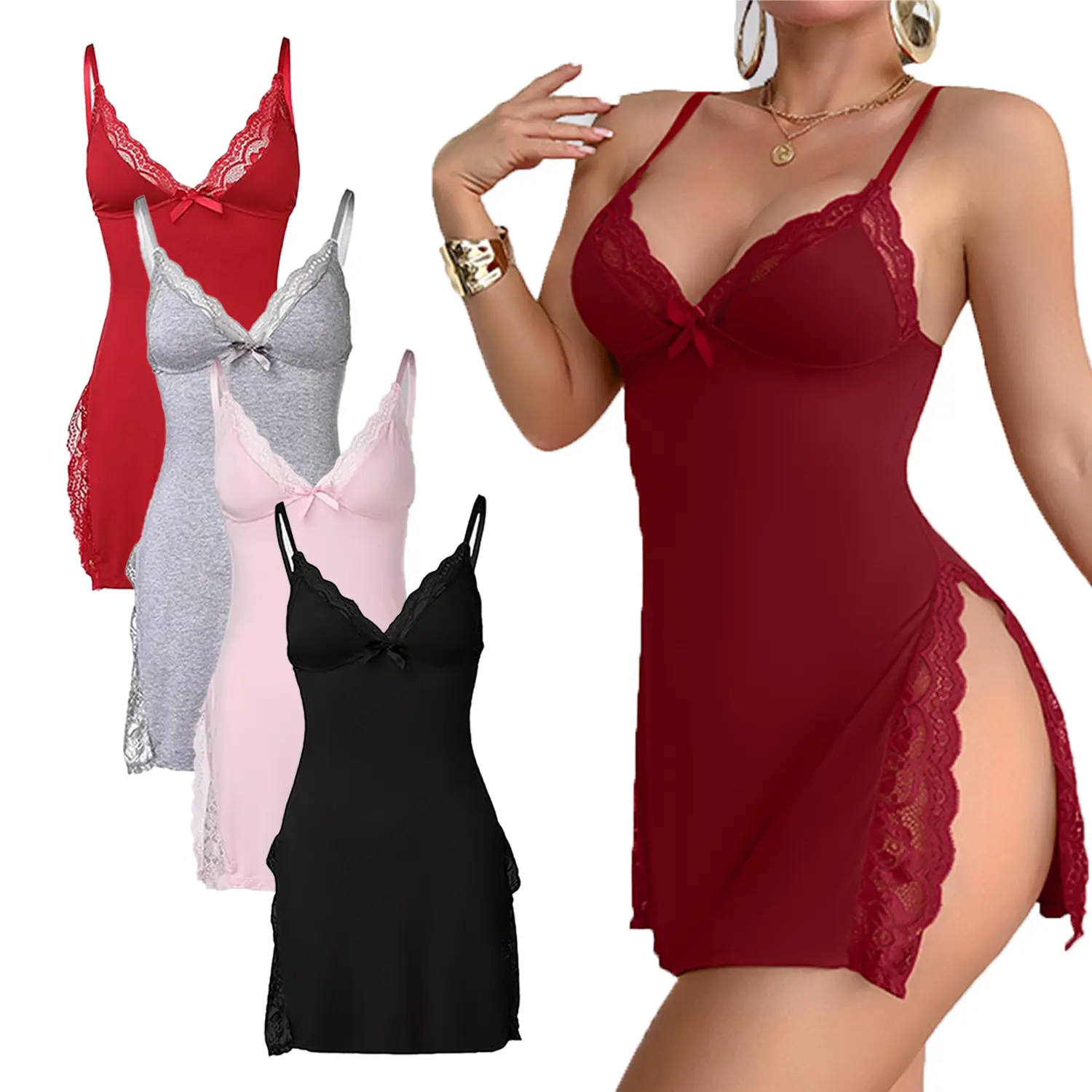 Women's Black Night Gown, Sexy Silk Rayon Sleepwear with Deep V Neck, Lace Trim, Backless Design and Slit, Elegant, Butterfly, Lady, Knitting, Black Lace Trim Nightdresses, Chic, Pull On