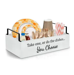 Paper Plate Holder for Kitchen Counter, Wood Utensil Caddy Paper Plater Dispenser under Cabinet, Silverware Holder for Party with Large Cup Holder holiday multifunctional organizer storage non-food contact multipurpose gift buy this must have portable bo