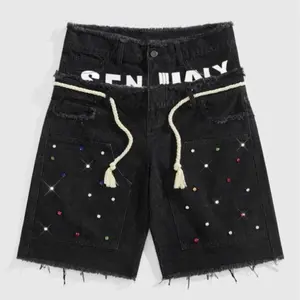 Denim shorts with glitter rhinestones, street style, loose fit, double-layer waist, diamond embellishments