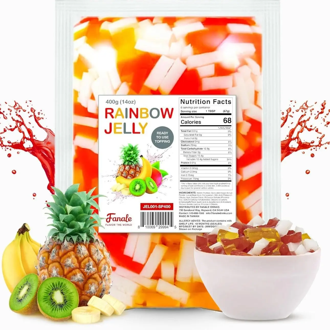 Fanale Coconut Jelly Topping nata de coco for Bubble Tea | Rainbow Konjac Jelly Topping for Boba Tea, Smoothies, Slushes, Desserts 400g(Pack Of 1)