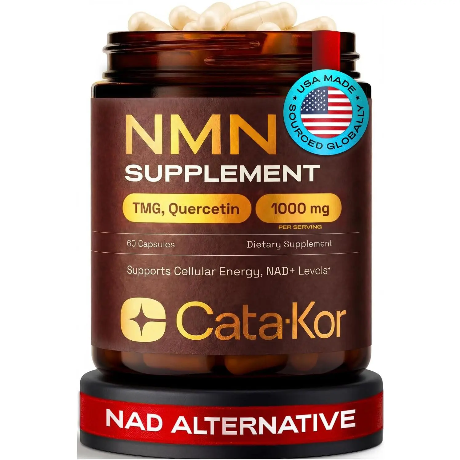 Cata-Kor NMN Supplement – 4-in-1 NAD Supplement with Quercetin | TMG | Resveratrol – NMNH Alternative – Supports Cellular Energy & NAD+ Level – 60 Capsules – Third-Party Tested (1 Pack)