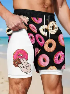 Funny Donut Print Beach Shorts, Cartoon Design, Trendy Style, Drawstring Waist, Slim Fit, Full Print, Double-Layer Straight Leg Shorts