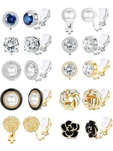 10 Pairs Clip Earrings for Women Clip on Earrings for Non Pierced CZ Flower Simulated Freshwater Pearl Twist Knot Clip Earrings Sets Gold Silver Tone Faux Pearl Jewelry
