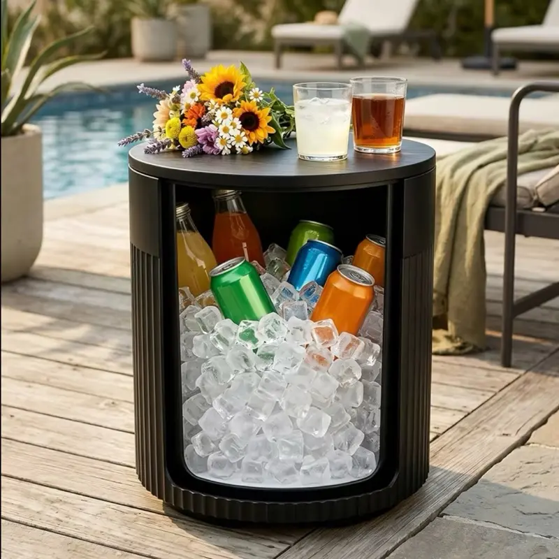 3-in-1 Outdoor Cooler Side Table, HDPE Patio Ice Bucket Table with Drain Plug & Storage, Portable Ice Chest Table Fits 24 Cans & Wine Bottles for Pool Backyard Deck
