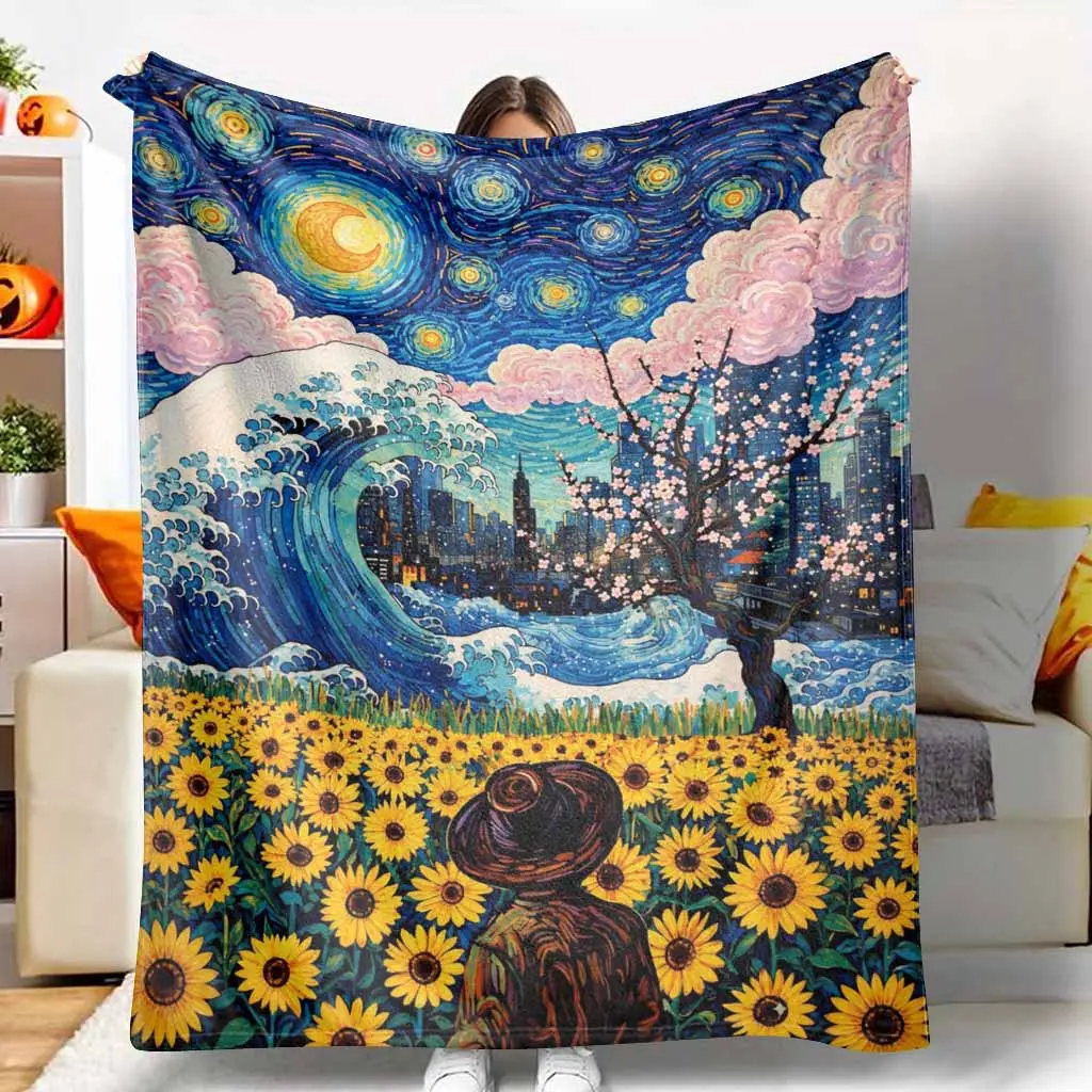 Starry Night Ocean Wave & Sunflower Field Landscape Flannel Blanket, 32*48 Inches, Breathable Soft Warm Lightweight Decorative Throw, Ideal for Bedroom, Business Trips & Daily Office Life