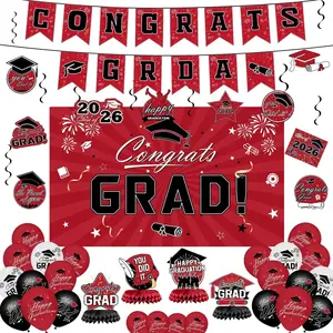 Graduation Decorations 2026 Set - Red Themed Congrats Grad Banner, Backdrop, Hanging Swirls, Balloons - Complete Party Supplies for High School, College Graduation Decorations