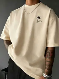 Men's Khaki Short Sleeve T-Shirt, Minimalist Tropical Palm Tree Print Crew Neck Top, Casual Summer Streetwear Outfit