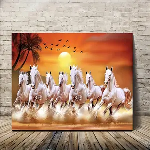 2D Flat Canvas Art Painting with Wooden Frame, Depicting Seven Lucky Running Wild Horses, Suitable for Decorating Living Room, Bedroom, Kitchen, Home, and Office, as well as a Holiday Gift for Him or Her