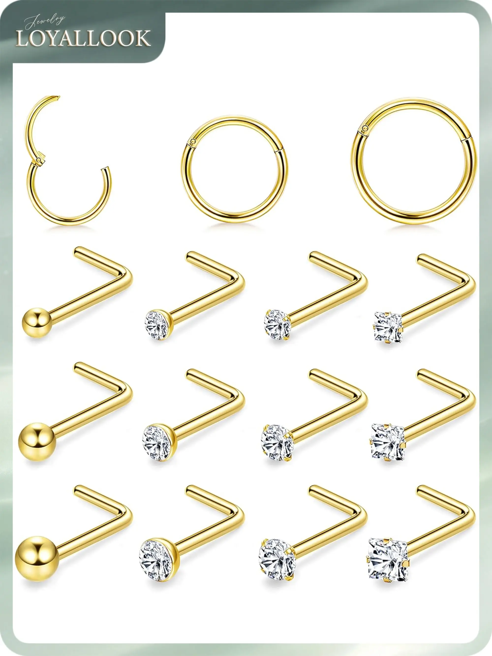 LOYALLOOK 18G Nose Rings Hoops and 20G Nose Studs for Women Men Hypoallergenic 316L Surgical Stainless Steel Clicker Hinged Segment Nose Rings Hoops Ball CZ L-Shape Nose Studs Nostril Piercing Jewelry