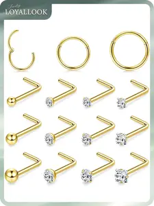 LOYALLOOK 18G Nose Rings Hoops and 20G Nose Studs for Women Men Hypoallergenic 316L Surgical Stainless Steel Clicker Hinged Segment Nose Rings Hoops Ball CZ L-Shape Nose Studs Nostril Piercing Jewelry