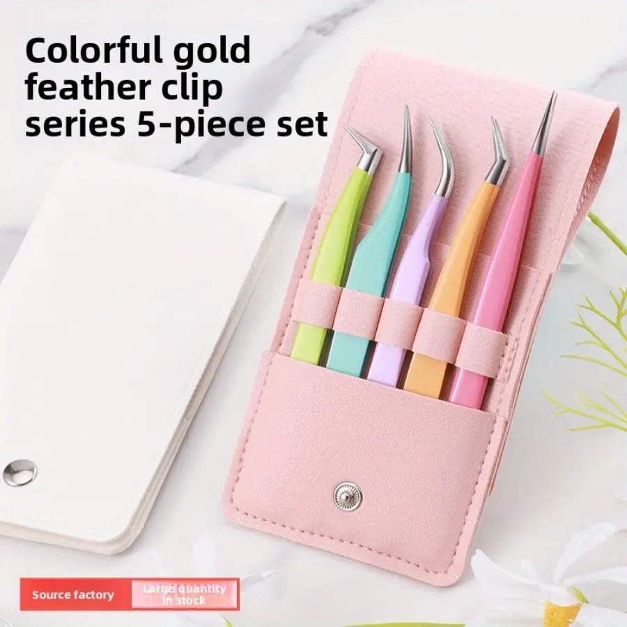1/5pcs Stainless Steel False Lash Tweezers, Eyelash Extension Tweezers with Storage Set with Gold Feather Clip, Double Cap Curler for Light Coffee Color Types, Eyelash Curling Tool, Durable Beauty Tool, Makeup Tools, Beauty Equipment