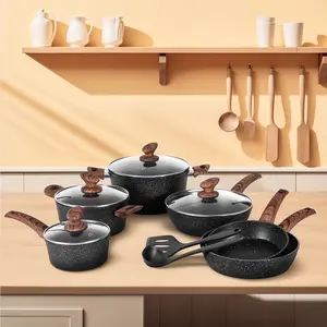 Kitchen Academy Granite Pots and Pans Set Non Stick, 12 Piece Cast Induction Cookware Set, Black Nonstick Kitchen Cooking Set w/Frying Pans & Saucepans(PFOS,PFOA,PFAS,PTFE Free)