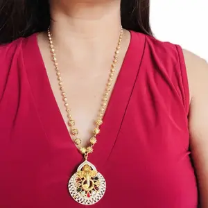 Ball Necklace with Navratna Ganesh Pendant for Women Elegant Gold-Toned Beaded Chain and Detailed Pendant Design