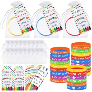 School Gifts Bulk Prizes Gift Set with Rubber Bracelet Organza Bags and Gift Label Tags First Day of School Classroom Gifts Goodie Bag Fillers(Light Color)