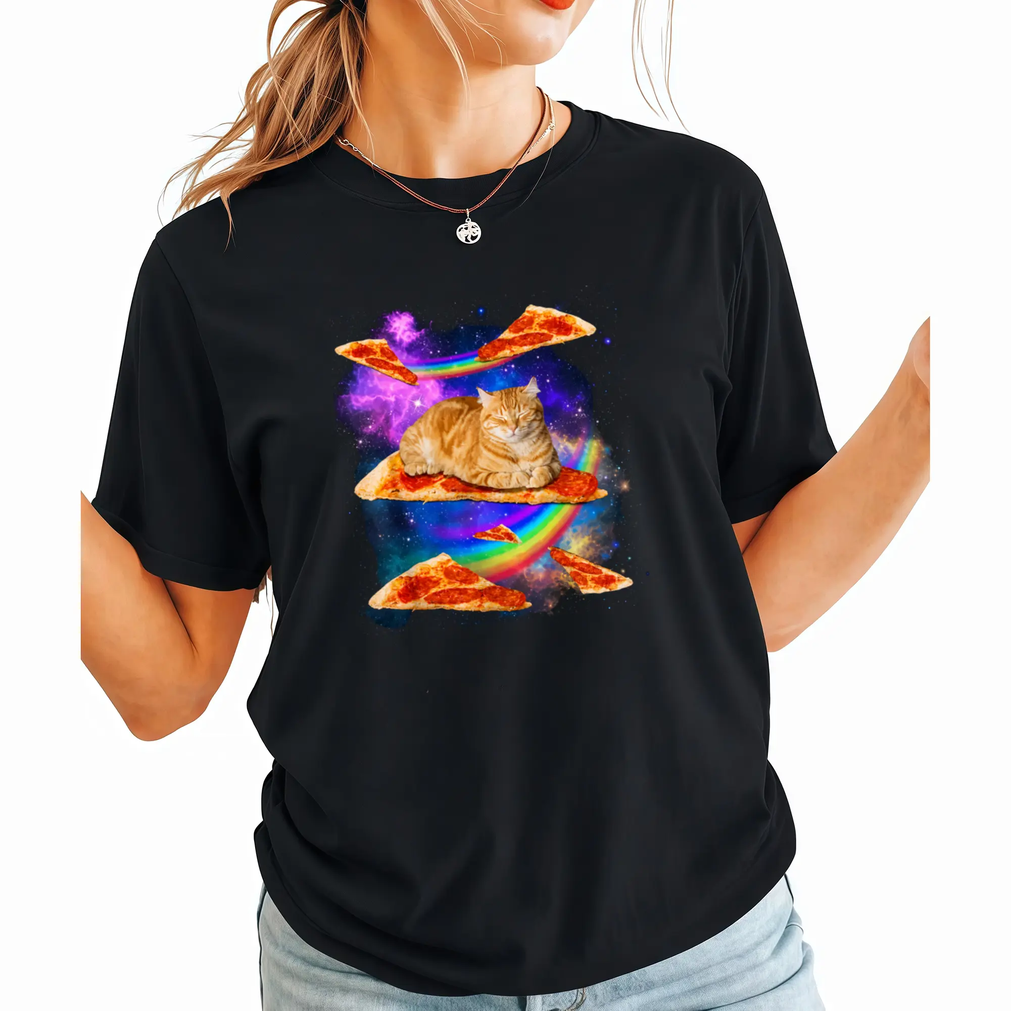 Funny Galaxy Cat In Space Cat Riding Pizza T-Shirt Apparel Cotton