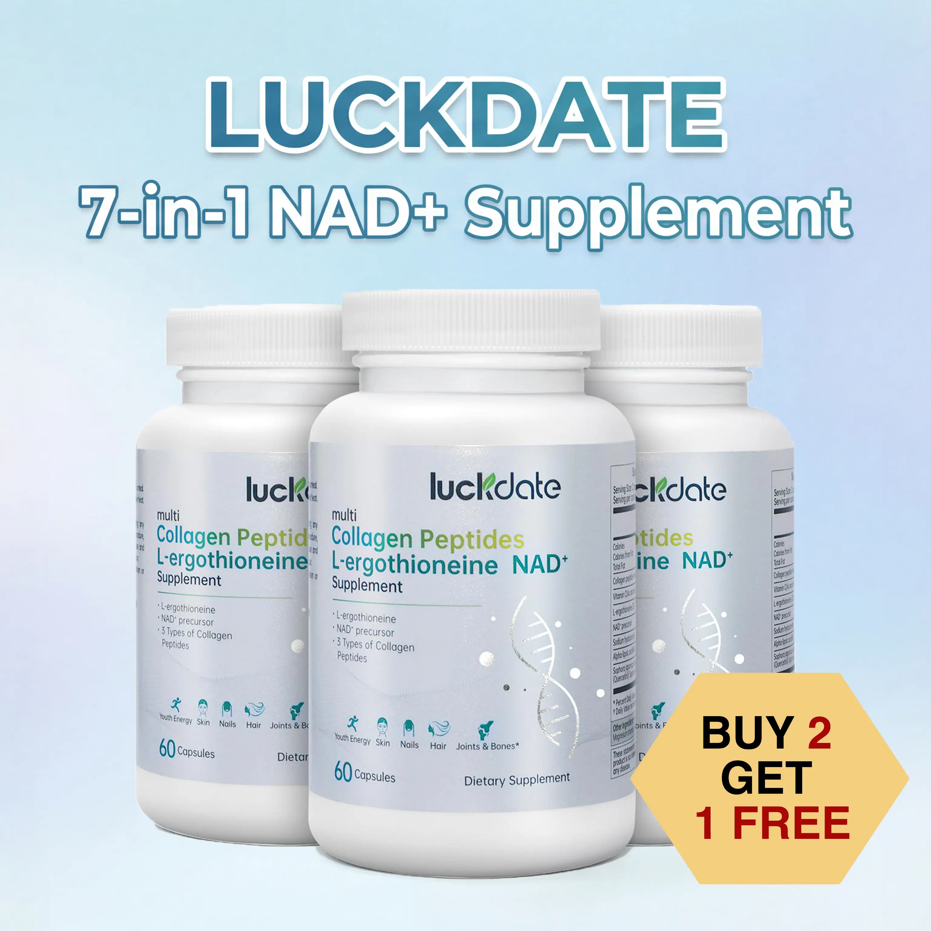 【Buy 2 Get 1 Free】LUCKDATE NAD+ Supplement 7-in-1 Formula with Collagen L-ergothioneine & Vitamin C for Skin Aging Support, Energy, and Focus, Boost NAD+ - 180 Capsules