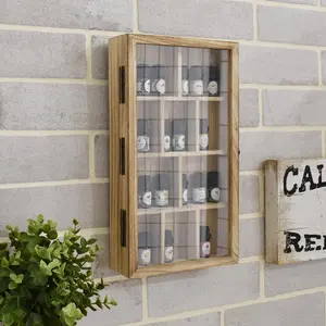 Wooden Display Rack - Wall Mounted Display Case with Hinged Glass Top, 10 Slots in Two Sizes, Oak Color, Durable Tempered Glass, Easy Installation, Organiser