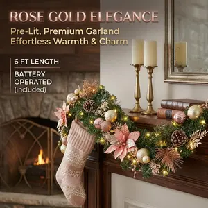 Garvee 6 Feet Christmas Garland with Lights for Mantle, Battery Operated Outdoor Christmas Garlands with Red Gold Balls, Prelit Garland Decorations for Fireplace Stair Railing TV Stand
