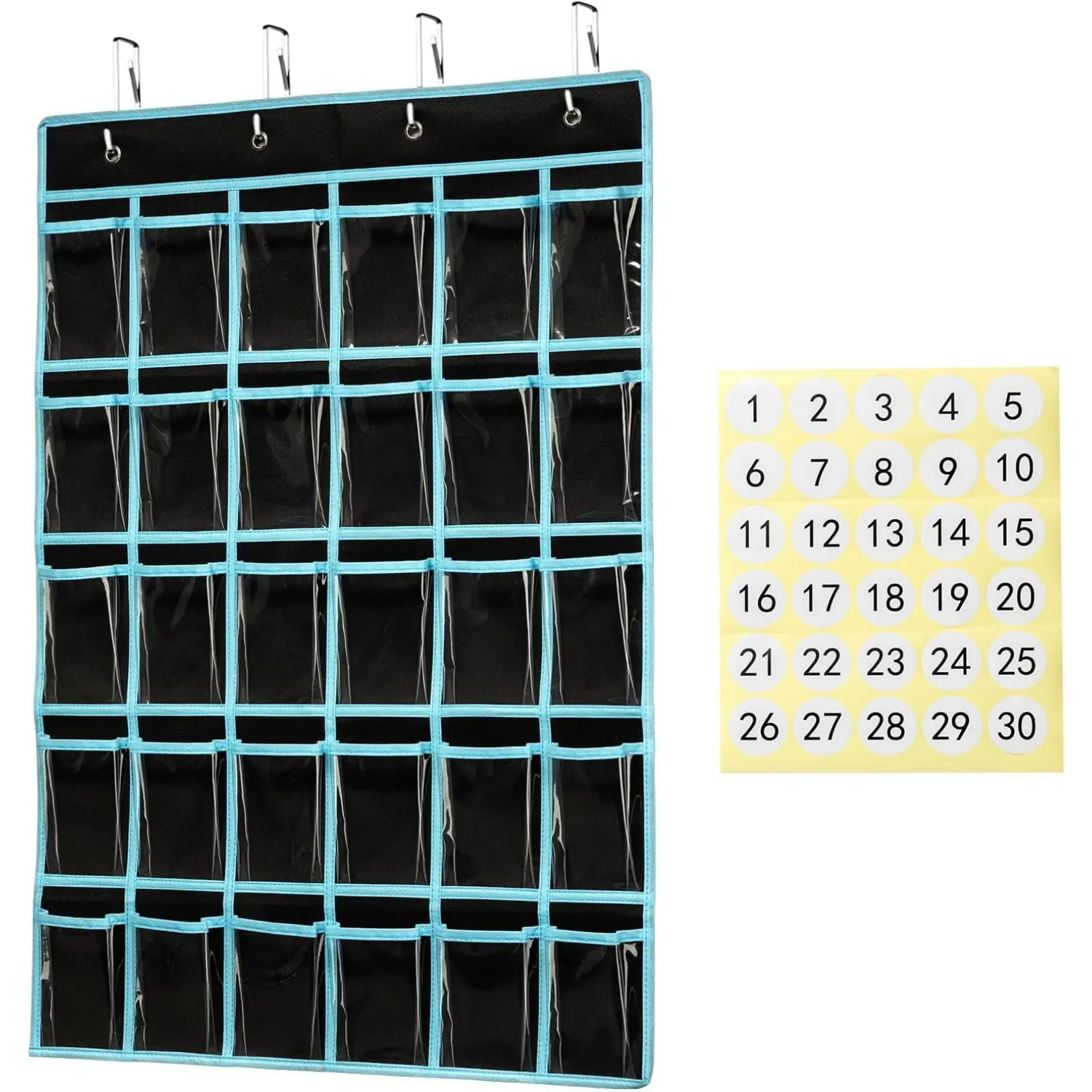 30 Pockets Classroom Pocket Chart Organizer with 4 Adjustable Hooks, Cell Phones Calculator Holder for Classroom Storage