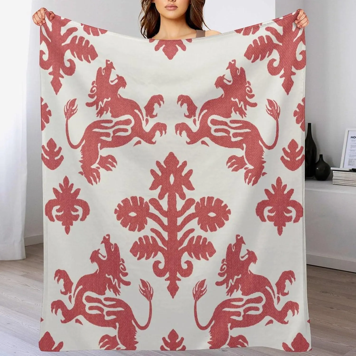 Chinoiserie Red Kirin Full Print Flannel Blanket - 50x60in, Wrinkle-Resistant Flannel Fabric, Ancient Chinese Mythical Beast, Multi-Size Option, Warm Throw for Bed, Christmas Thanksgiving Gift for Mom Grandparents