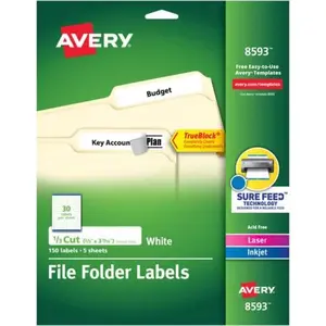Avery AVE08593 True Block File Folder Labels - 30-Up, White, Sticky Index Tabs Labels & Stickers, Pack of 4