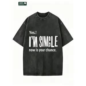 Men' Oversized Acid-Washed Cotton T-Shirt - Vintage "Yes I'm Single Now Is Your Chance" Graphic Tee, 100% Pure Breathable Short Sleeve Shirt, Relaxed Fit Round Neck Streetwear Gift Suitable for Guys, Casual Casual Attire & Year-Round Style