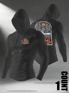 Men's Black Hardcore Outdoor Hooded Compression Shirt - "STIHL CHAIN SAWS" Lumberjack Graphic, Athletic Top for Workouts & Outdoor Jobs, Trendy Bold Statement Piece, Gym Shirt