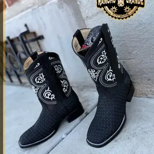 Petatillo Boots Black Square Toe Premium Leather Hight Quality Botas color Negra