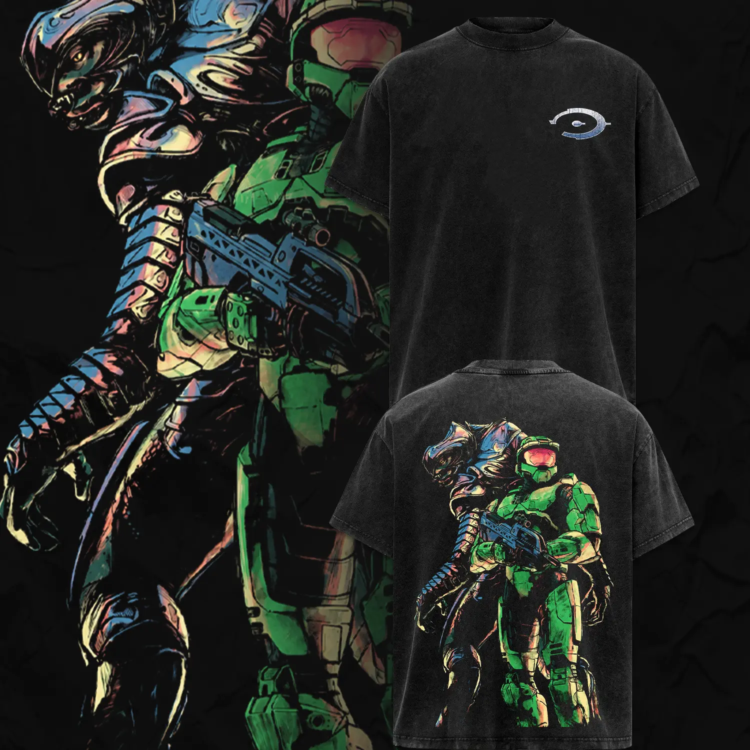 Master Chief & The Arbiter - Halo 3 Double Printed Oversize Lightweight Acid Washed Tee Game Graphic T-Shirt for Men Casual Day Wear Cotton Fabric - Jeans Vintage Gaming Retro Black Tee Oversized Heavyweight Cotton T-Shirts Love Menswear